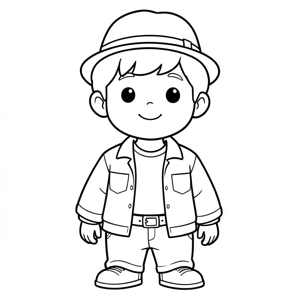 cậu bé tóc xoăn dễ thương mặc T-shirt, jacket, belt, hat, 