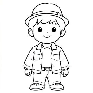 cậu bé tóc xoăn dễ thương mặc T-shirt, jacket, belt, hat, 