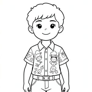 cậu bé gầy, cao mặc shirt có họa tiết, belt, có tóc xoăn