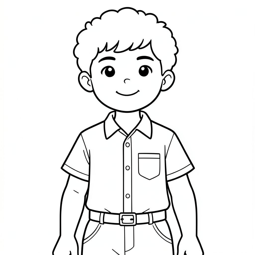 cậu bé cao, gầy, tóc xoăn mặc shirt có túi, belt 