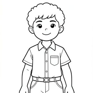 cậu bé cao, gầy, tóc xoăn mặc shirt có túi, belt 