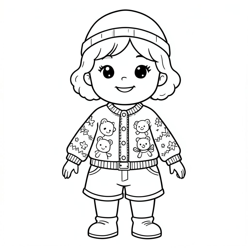 cô bé dễ thương tóc xoăn, có hat, belt, jumper họa tiết dễ thương, shorts