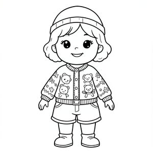 cô bé dễ thương tóc xoăn, có hat, belt, jumper họa tiết dễ thương, shorts