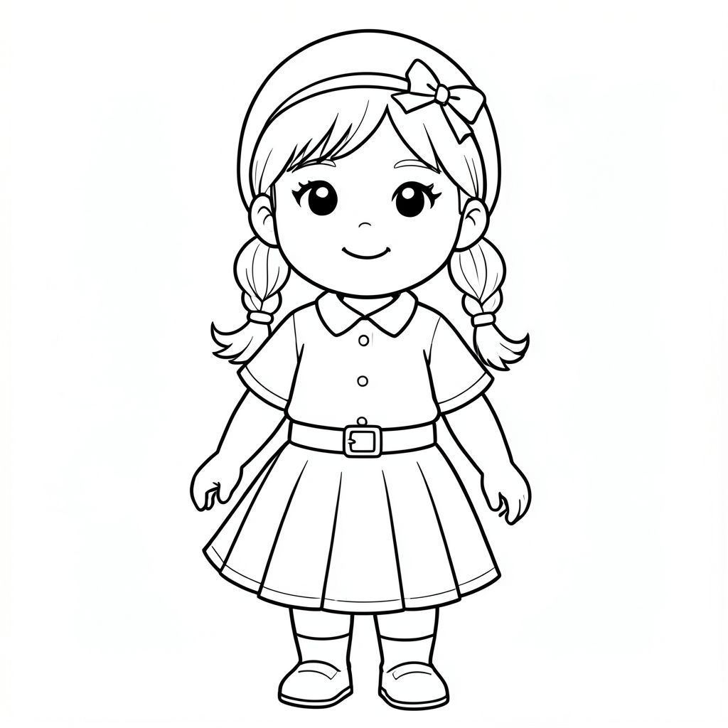 cô bé gầy, đẹp tóc thắt 2 bím, đội mũ vành có nơ, mặt shirt, skirt, belt
