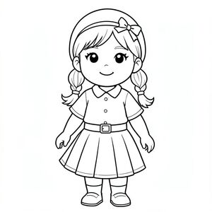 cô bé gầy, đẹp tóc thắt 2 bím, đội mũ vành có nơ, mặt shirt, skirt, belt
