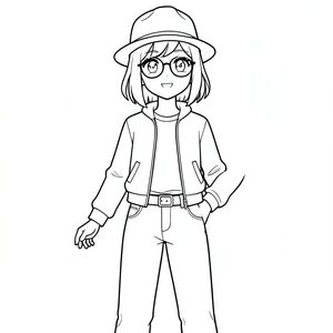 nữ gầy, cao, mặc jacket, jeans, hat, đeo kính, belt, theo phong cách anime
