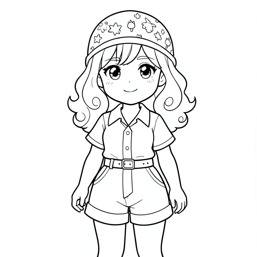 cô gái phong cách ghibli, đội mũ có họa tiết dễ thương, tóc xoăn nhiều, mặc shirt kiểu cách, belt, shorts
