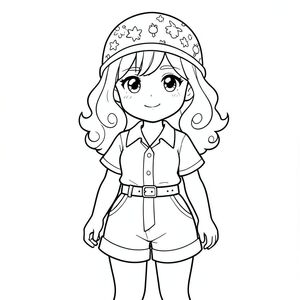 cô gái phong cách ghibli, đội mũ có họa tiết dễ thương, tóc xoăn nhiều, mặc shirt kiểu cách, belt, shorts