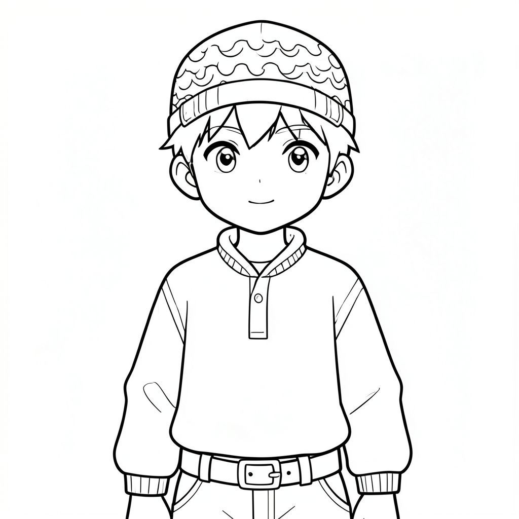 boy phong cách ghibli, mặc jumper đẹp trai, đội mũ họa tiết sóng, belt