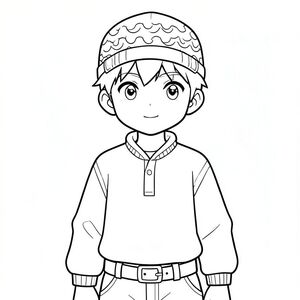 boy phong cách ghibli, mặc jumper đẹp trai, đội mũ họa tiết sóng, belt