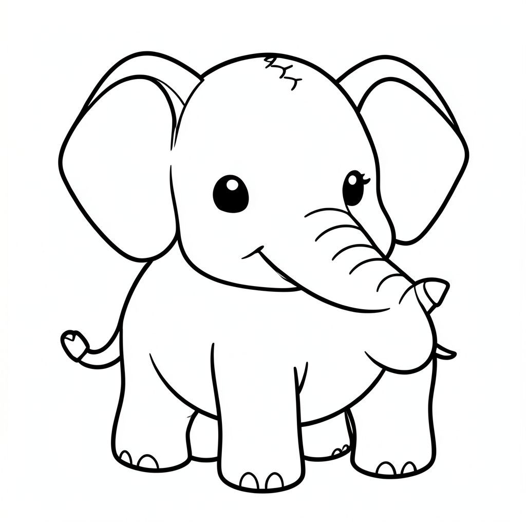 tranh tô màu voi con dễ thương cho trẻ em, phong cách hoạt hình đơn giản, nghệ thuật đường nét đẹp, nền trắng, trang tô màu A4