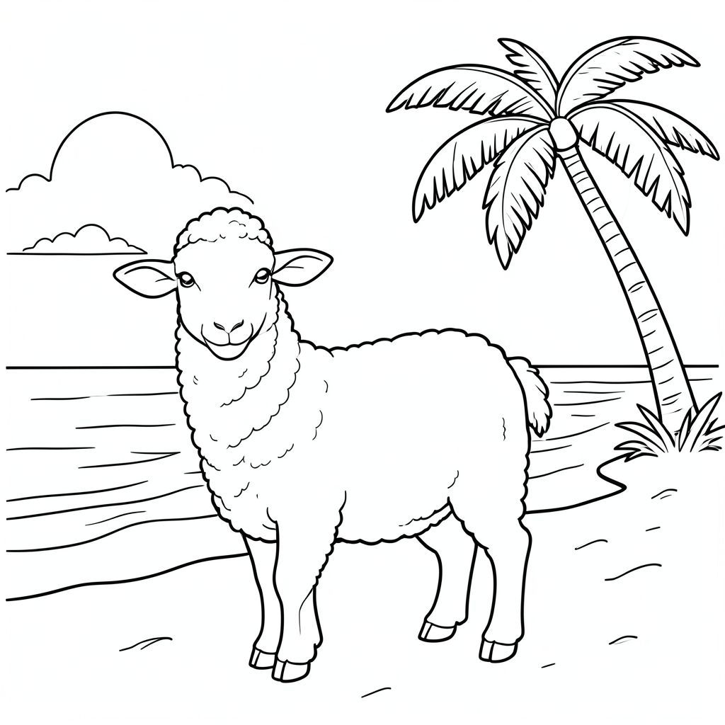 solo, chủ đề đơn, một đầu, hai mắt, hai tai, bốn chân, một đuôi, tỷ lệ tự nhiên, quy mô thích hợp trong môi trường, đúng về mặt giải phẫu, Cừu, Bãi biển nhiệt đới, cây cọ, nước trong, cát, bờ biển, Bầu trời, ánh sáng mặt trời, điềm tĩnh, yên bình, đơn giản, tô màu, nghệ thuật đường, nền trắng, solo, chủ đề đơn, đúng về mặt giải phẫu, giải phẫu hoàn hảo