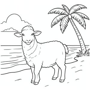 solo, chủ đề đơn, một đầu, hai mắt, hai tai, bốn chân, một đuôi, tỷ lệ tự nhiên, quy mô thích hợp trong môi trường, đúng về mặt giải phẫu, Cừu, Bãi biển nhiệt đới, cây cọ, nước trong, cát, bờ biển, Bầu trời, ánh sáng mặt trời, điềm tĩnh, yên bình, đơn giản, tô màu, nghệ thuật đường, nền trắng, solo, chủ đề đơn, đúng về mặt giải phẫu, giải phẫu hoàn hảo