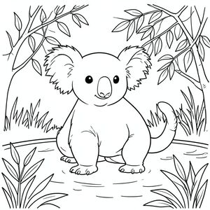 solo, chủ đề đơn, một đầu, hai mắt, hai tai, bốn chân, một đuôi, tỷ lệ tự nhiên, quy mô thích hợp trong môi trường, đúng giải phẫu, Koala, Liễu, ao, Nước, lá, chi nhánh, ánh sáng mặt trời, rõ ràng, thanh thản, yên tĩnh, yên bình, tô màu, nghệ thuật đường, nền trắng, solo, chủ đề đơn, đúng về mặt giải phẫu, giải phẫu hoàn hảo