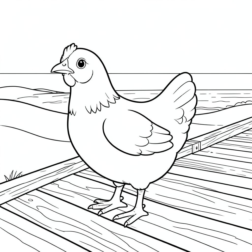 solo, một con chim, một đầu, hai mắt, một mỏ, hai cánh, hai chân, một đuôi, tỷ lệ tự nhiên, quy mô thích hợp trong môi trường, đúng giải phẫu, gà, cồn cát, lối đi lát ván, ván gỗ, bề mặt nhẵn, bầu trời quang đãng, ánh sáng mặt trời, ấm áp, mềm mại, đường bờ biển xa, đại dương, trang màu, nghệ thuật đường, nền trắng, solo, chủ đề đơn, đúng giải phẫu, giải phẫu hoàn hảo