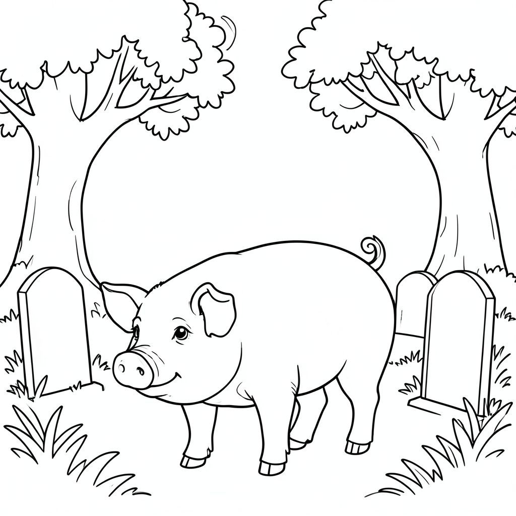 solo, chủ đề đơn, một đầu, hai mắt, hai tai, bốn chân, một đuôi, tỷ lệ tự nhiên, quy mô thích hợp trong môi trường, đúng giải phẫu, Con lợn, Nghĩa trang, vườn, bia mộ, cây sồi, ánh sáng mặt trời, đơn giản, lý lịch, sạch sẽ, yên bình, yên tĩnh, tô màu, nghệ thuật đường, nền trắng, solo, chủ đề đơn, đúng về mặt giải phẫu, giải phẫu hoàn hảo