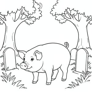 solo, chủ đề đơn, một đầu, hai mắt, hai tai, bốn chân, một đuôi, tỷ lệ tự nhiên, quy mô thích hợp trong môi trường, đúng giải phẫu, Con lợn, Nghĩa trang, vườn, bia mộ, cây sồi, ánh sáng mặt trời, đơn giản, lý lịch, sạch sẽ, yên bình, yên tĩnh, tô màu, nghệ thuật đường, nền trắng, solo, chủ đề đơn, đúng về mặt giải phẫu, giải phẫu hoàn hảo