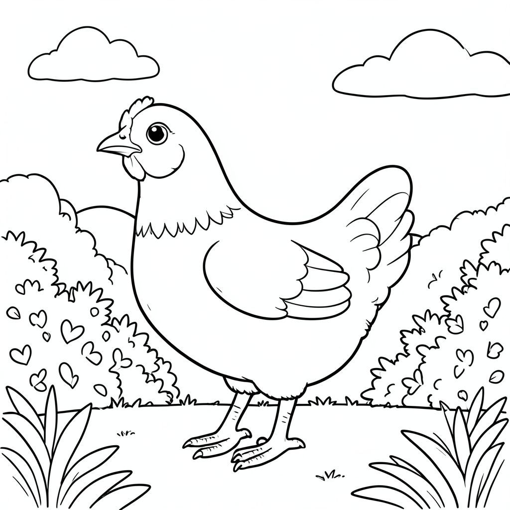 solo, một con chim, một đầu, hai mắt, một mỏ, hai cánh, hai chân, một đuôi, tỷ lệ tự nhiên, quy mô thích hợp trong môi trường, đúng giải phẫu, gà, hàng rào, cây xanh, tán lá, ánh sáng mặt trời, bầu trời quang đãng, nền đơn giản, mềm mại, giai điệu, nghệ thuật tuyến tính, phác thảo, trang màu, nghệ thuật đường, nền trắng, solo, chủ đề đơn, chính xác về mặt giải phẫu, giải phẫu hoàn hảo