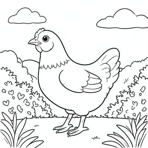 solo, một con chim, một đầu, hai mắt, một mỏ, hai cánh, hai chân, một đuôi, tỷ lệ tự nhiên, quy mô thích hợp trong môi trường, đúng giải phẫu, gà, hàng rào, cây xanh, tán lá, ánh sáng mặt trời, bầu trời quang đãng, nền đơn giản, mềm mại, giai điệu, nghệ thuật tuyến tính, phác thảo, trang màu, nghệ thuật đường, nền trắng, solo, chủ đề đơn, chính xác về mặt giải phẫu, giải phẫu hoàn hảo