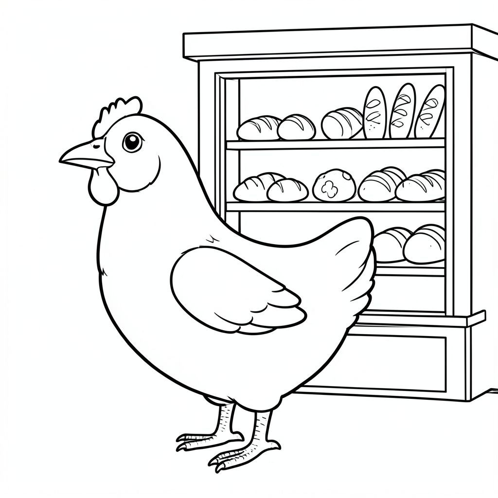 solo, một con chim, một đầu, hai mắt, một mỏ, hai cánh, hai chân, một đuôi, tỷ lệ tự nhiên, quy mô thích hợp trong môi trường, đúng giải phẫu, gà, cửa sổ tiệm bánh, trưng bày, bánh mì, bánh ngọt, ấm áp, đơn giản, dọn dẹp, lý lịch, mặt tiền cửa hàng, cửa sổ, trang tô màu, nghệ thuật đường, nền trắng, solo, chủ đề đơn, đúng về mặt giải phẫu, giải phẫu hoàn hảo