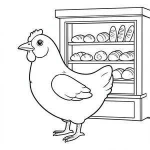 solo, một con chim, một đầu, hai mắt, một mỏ, hai cánh, hai chân, một đuôi, tỷ lệ tự nhiên, quy mô thích hợp trong môi trường, đúng giải phẫu, gà, cửa sổ tiệm bánh, trưng bày, bánh mì, bánh ngọt, ấm áp, đơn giản, dọn dẹp, lý lịch, mặt tiền cửa hàng, cửa sổ, trang tô màu, nghệ thuật đường, nền trắng, solo, chủ đề đơn, đúng về mặt giải phẫu, giải phẫu hoàn hảo