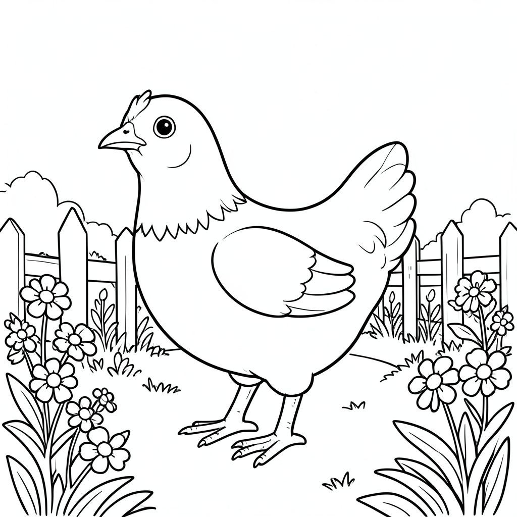 solo, một con chim, một đầu, hai mắt, một mỏ, hai cánh, hai chân, một đuôi, tỷ lệ tự nhiên, quy mô thích hợp trong môi trường, đúng giải phẫu, gà, vườn, hoa, hàng rào, con đường, ánh sáng mặt trời, đơn giản, dọn dẹp, lý lịch, bản vẽ, vẽ tay, tô màu, nghệ thuật đường, nền trắng, solo, chủ đề đơn, chính xác về mặt giải phẫu, giải phẫu hoàn hảo