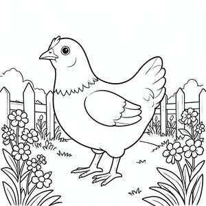 solo, một con chim, một đầu, hai mắt, một mỏ, hai cánh, hai chân, một đuôi, tỷ lệ tự nhiên, quy mô thích hợp trong môi trường, đúng giải phẫu, gà, vườn, hoa, hàng rào, con đường, ánh sáng mặt trời, đơn giản, dọn dẹp, lý lịch, bản vẽ, vẽ tay, tô màu, nghệ thuật đường, nền trắng, solo, chủ đề đơn, chính xác về mặt giải phẫu, giải phẫu hoàn hảo