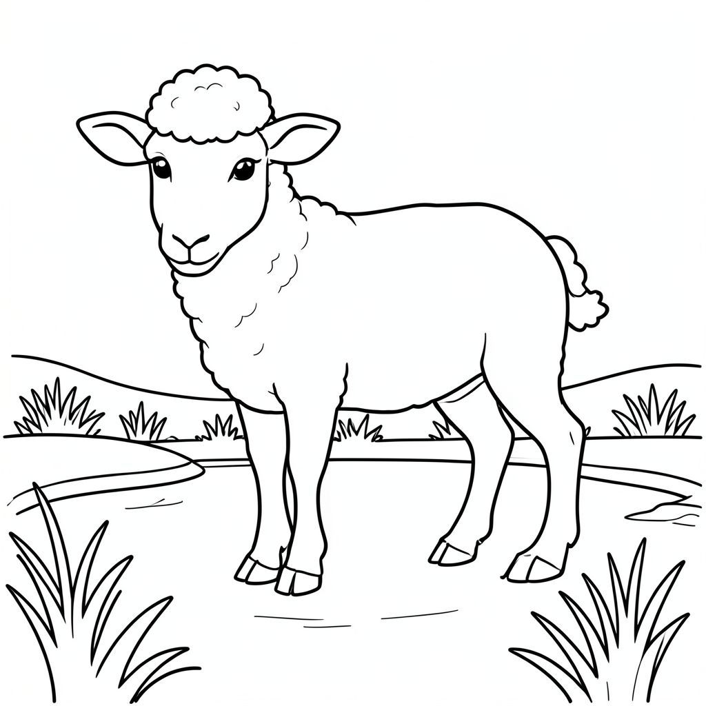 solo, chủ đề đơn, một đầu, hai mắt, hai tai, bốn chân, một đuôi, tỷ lệ tự nhiên, quy mô thích hợp trong môi trường, đúng giải phẫu, Cừu, lạch, cỏ, đồng cỏ, bằng phẳng, đơn giản, dọn dẹp, lý lịch, tinh khiết, nhỏ, sách truyện, trang màu, nghệ thuật đường, nền trắng, solo, chủ đề đơn, đúng về mặt giải phẫu, giải phẫu hoàn hảo