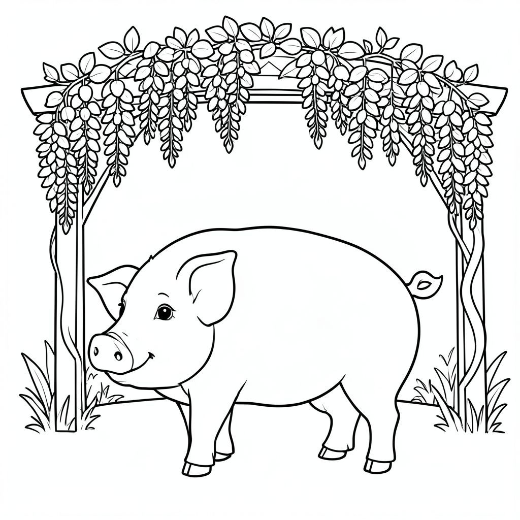 solo, chủ đề đơn, một đầu, hai mắt, hai tai, bốn chân, một đuôi, tỷ lệ tự nhiên, quy mô thích hợp trong môi trường, đúng giải phẫu, Con lợn, Per pergola, hoa tử đằng, nở hoa, cụm treo, vườn, đơn giản, sạch sẽ, lý lịch, lý lịch, lý lịch, trang tô màu, nghệ thuật đường, nền trắng, solo, chủ đề đơn, đúng về mặt giải phẫu, giải phẫu hoàn hảo