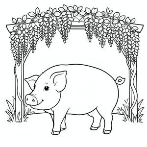 solo, chủ đề đơn, một đầu, hai mắt, hai tai, bốn chân, một đuôi, tỷ lệ tự nhiên, quy mô thích hợp trong môi trường, đúng giải phẫu, Con lợn, Per pergola, hoa tử đằng, nở hoa, cụm treo, vườn, đơn giản, sạch sẽ, lý lịch, lý lịch, lý lịch, trang tô màu, nghệ thuật đường, nền trắng, solo, chủ đề đơn, đúng về mặt giải phẫu, giải phẫu hoàn hảo