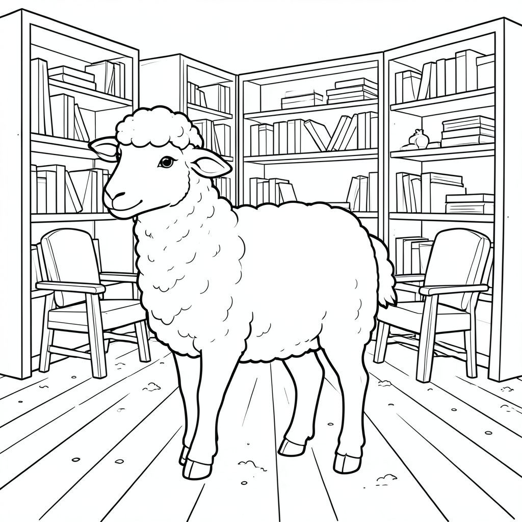 solo, chủ đề đơn, một đầu, hai mắt, hai tai, bốn chân, một đuôi, tỷ lệ tự nhiên, quy mô thích hợp trong môi trường, đúng về mặt giải phẫu, Cừu, giá sách, kệ, ngăn xếp, ghế đọc, sàn gỗ, bụi, mờ mịt, yên bình, đơn giản, trang màu, nghệ thuật đường, nền trắng, solo, chủ đề đơn, đúng về mặt giải phẫu, giải phẫu hoàn hảo