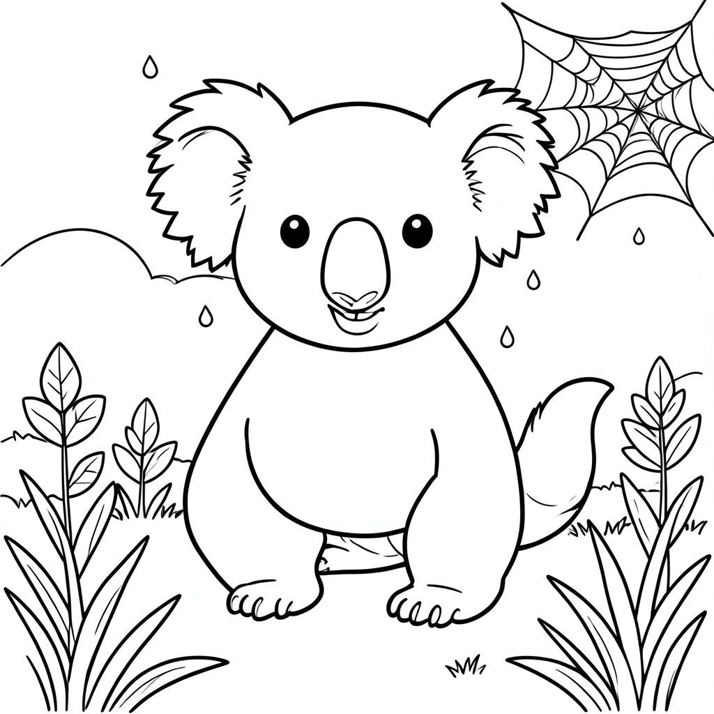 solo, chủ đề đơn, một đầu, hai mắt, hai tai, bốn chân, một đuôi, tỷ lệ tự nhiên, quy mô thích hợp trong môi trường, đúng giải phẫu, Koala, giọt sương, mạng nhện, cỏ, buổi sáng, ánh sáng mặt trời, bầu trời quang đãng, nền đơn giản, dọn dẹp, lá, tán lá, trang màu, nghệ thuật đường, nền trắng, solo, chủ đề đơn, chính xác về mặt giải phẫu, giải phẫu hoàn hảo