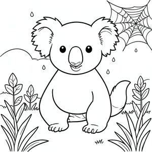 solo, chủ đề đơn, một đầu, hai mắt, hai tai, bốn chân, một đuôi, tỷ lệ tự nhiên, quy mô thích hợp trong môi trường, đúng giải phẫu, Koala, giọt sương, mạng nhện, cỏ, buổi sáng, ánh sáng mặt trời, bầu trời quang đãng, nền đơn giản, dọn dẹp, lá, tán lá, trang màu, nghệ thuật đường, nền trắng, solo, chủ đề đơn, chính xác về mặt giải phẫu, giải phẫu hoàn hảo