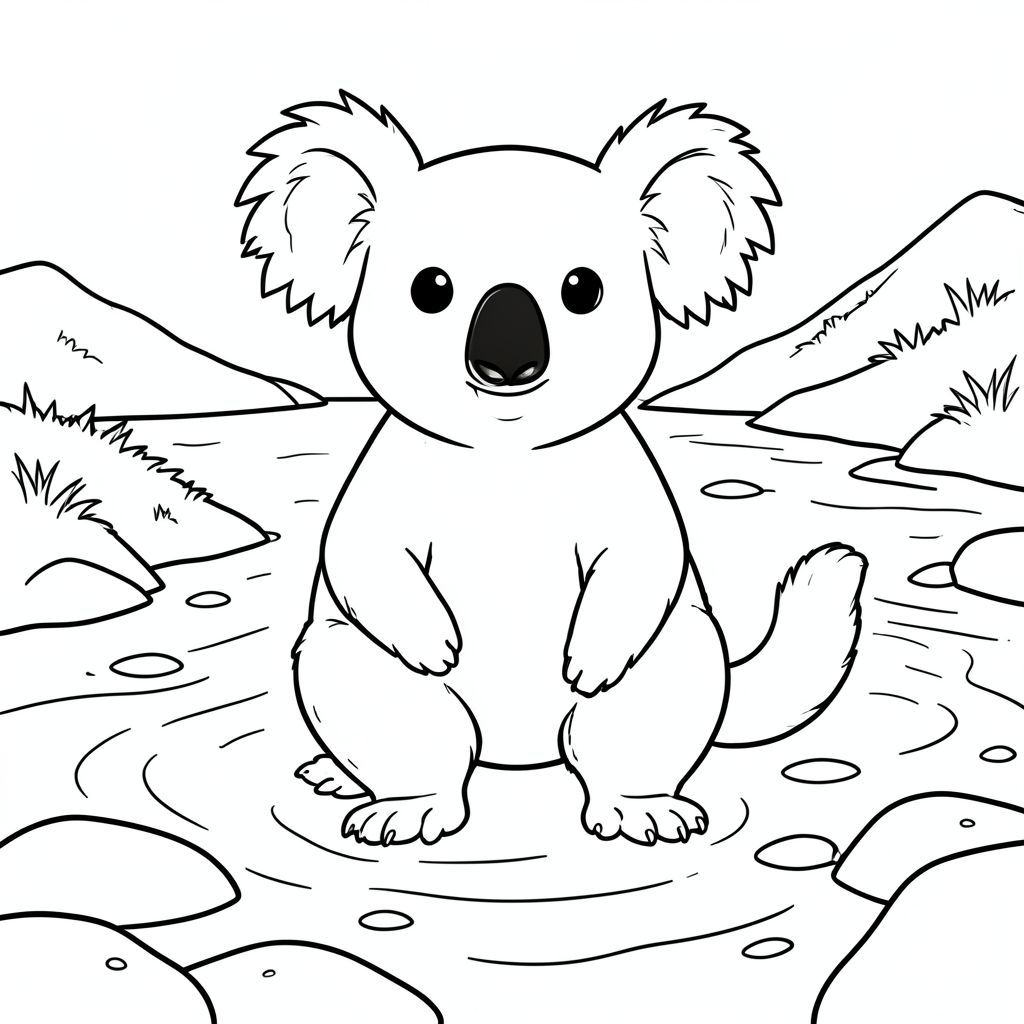 solo, chủ đề đơn, một đầu, hai mắt, hai tai, bốn chân, một đuôi, tỷ lệ tự nhiên, quy mô thích hợp trong môi trường, chính xác về mặt giải phẫu, Koala, Kênh thủy triều, cồn cát, nước nông, nước ấm, ánh sáng mặt trời, rõ ràng, mịn, đá, cát, đường bờ biển, trang màu, nghệ thuật đường, nền trắng, solo, chủ đề đơn, chính xác về mặt giải phẫu, giải phẫu hoàn hảo