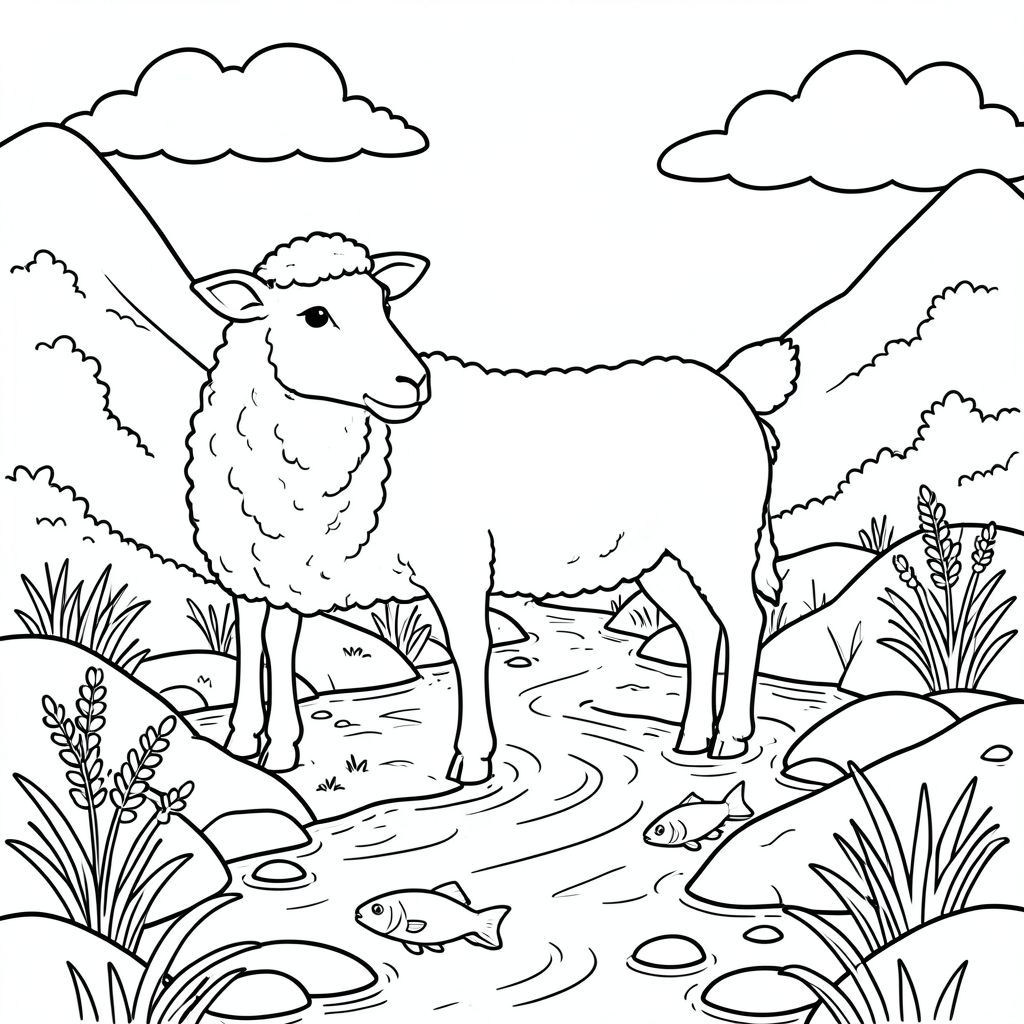 solo, chủ đề đơn, một đầu, hai mắt, hai tai, bốn chân, một đuôi, tỷ lệ tự nhiên, quy mô thích hợp trong môi trường, đúng giải phẫu, Cừu, suối núi, cải xoong, cá nhỏ, nước trong, đá, ánh sáng mặt trời, đá mịn, dòng chảy nhẹ nhàng, bầu trời, đám mây, trang màu, nghệ thuật đường nét, nền trắng, solo, chủ đề đơn, chính xác về mặt giải phẫu, giải phẫu hoàn hảo