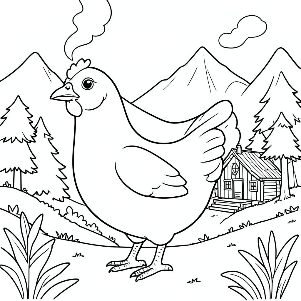 solo, một con chim, một đầu, hai mắt, một mỏ, hai cánh, hai chân, một đuôi, tỷ lệ tự nhiên, quy mô thích hợp trong môi trường, đúng giải phẫu, gà, núi, thung lũng, cabin nhỏ, hút thuốc, gỗ, đơn giản, dọn dẹp, lý lịch, tán lá, cây cối, trang màu, nghệ thuật đường, nền trắng, solo, chủ đề đơn, chính xác về mặt giải phẫu, giải phẫu hoàn hảo