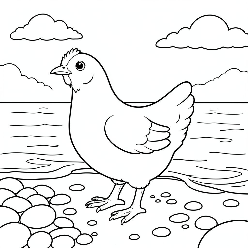 solo, một con chim, một đầu, hai mắt, một mỏ, hai cánh, hai chân, một đuôi, tỷ lệ tự nhiên, quy mô thích hợp trong môi trường, đúng giải phẫu, gà, đá cuội, đá mịn, tròn, lướt sóng nhẹ nhàng, cát, bờ biển, nước trong, ánh sáng mặt trời, bầu trời, đám mây, trang màu, nghệ thuật đường, nền trắng, solo, chủ đề đơn, đúng giải phẫu, giải phẫu hoàn hảo