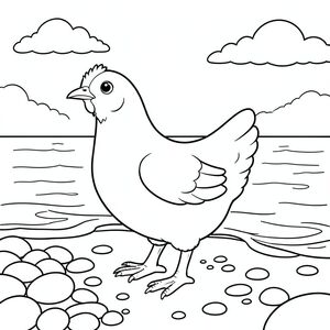 solo, một con chim, một đầu, hai mắt, một mỏ, hai cánh, hai chân, một đuôi, tỷ lệ tự nhiên, quy mô thích hợp trong môi trường, đúng giải phẫu, gà, đá cuội, đá mịn, tròn, lướt sóng nhẹ nhàng, cát, bờ biển, nước trong, ánh sáng mặt trời, bầu trời, đám mây, trang màu, nghệ thuật đường, nền trắng, solo, chủ đề đơn, đúng giải phẫu, giải phẫu hoàn hảo