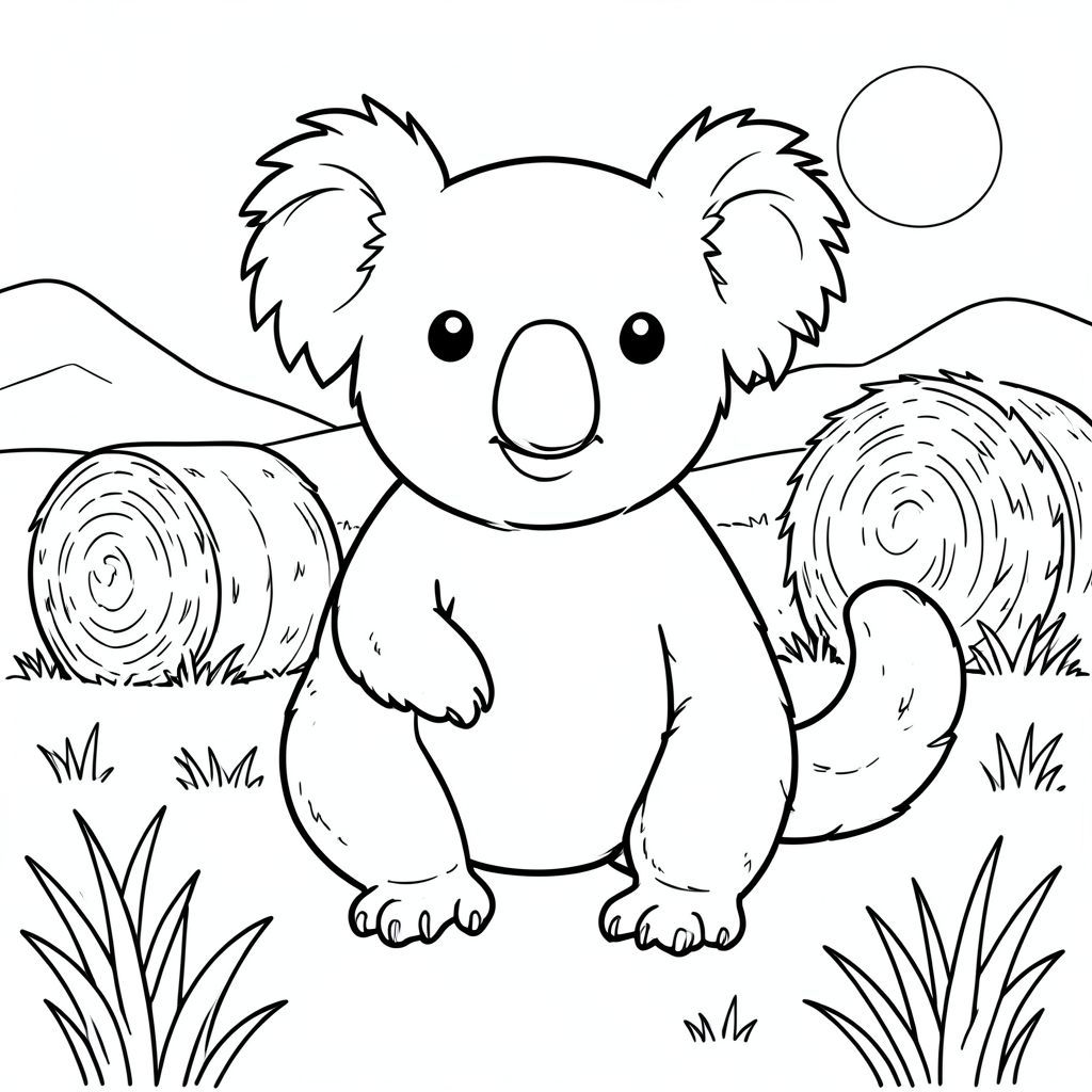 solo, chủ đề đơn, một đầu, hai mắt, hai tai, bốn chân, một đuôi, tỷ lệ tự nhiên, quy mô thích hợp trong môi trường, đúng giải phẫu, Koala, cỏ, kiện cỏ khô tròn, nền đơn giản, dọn dẹp, đơn giản, cánh đồng, phong cảnh, nông thôn, mục vụ, Ánh sáng mặt trời, trang màu, nghệ thuật đường, nền trắng, solo, chủ đề đơn, đúng về giải phẫu, giải phẫu hoàn hảo