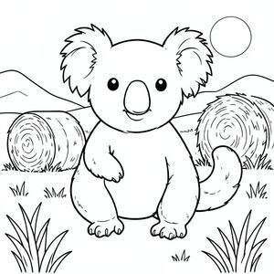 solo, chủ đề đơn, một đầu, hai mắt, hai tai, bốn chân, một đuôi, tỷ lệ tự nhiên, quy mô thích hợp trong môi trường, đúng giải phẫu, Koala, cỏ, kiện cỏ khô tròn, nền đơn giản, dọn dẹp, đơn giản, cánh đồng, phong cảnh, nông thôn, mục vụ, Ánh sáng mặt trời, trang màu, nghệ thuật đường, nền trắng, solo, chủ đề đơn, đúng về giải phẫu, giải phẫu hoàn hảo