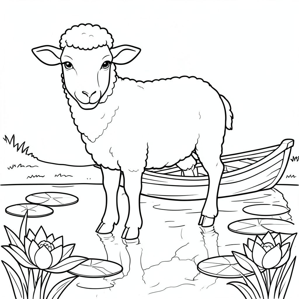 solo, chủ đề đơn, một đầu, hai mắt, hai tai, bốn chân, một đuôi, tỷ lệ tự nhiên, quy mô thích hợp trong môi trường, chính xác về mặt giải phẫu, Cừu, ao, miếng đệm hoa loa kèn, thuyền chèo, nước, điềm tĩnh, tĩnh lặng, mịn, phản chiếu, ánh sáng mặt trời, trong sáng, trang màu, nghệ thuật đường, nền trắng, solo, chủ đề đơn, đúng về mặt giải phẫu, giải phẫu hoàn hảo