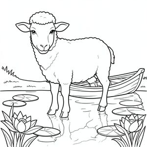 solo, chủ đề đơn, một đầu, hai mắt, hai tai, bốn chân, một đuôi, tỷ lệ tự nhiên, quy mô thích hợp trong môi trường, chính xác về mặt giải phẫu, Cừu, ao, miếng đệm hoa loa kèn, thuyền chèo, nước, điềm tĩnh, tĩnh lặng, mịn, phản chiếu, ánh sáng mặt trời, trong sáng, trang màu, nghệ thuật đường, nền trắng, solo, chủ đề đơn, đúng về mặt giải phẫu, giải phẫu hoàn hảo