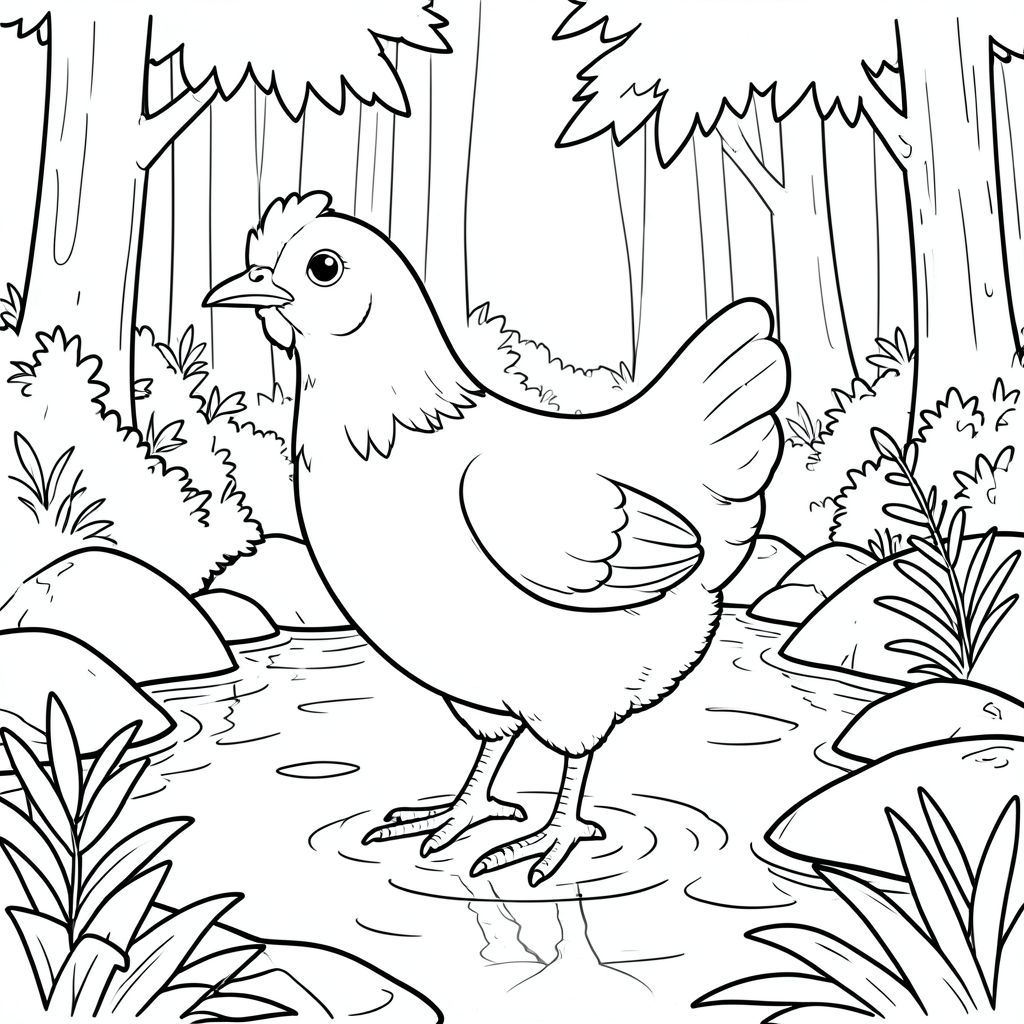 solo, một con chim, một đầu, hai mắt, một mỏ, hai cánh, hai chân, một đuôi, tỷ lệ tự nhiên, quy mô thích hợp trong môi trường, đúng giải phẫu, gà, suối, nước, đá, tán lá, rừng, ánh sáng mặt trời, rõ ràng, mịn, phản chiếu, ướt, trang màu, nghệ thuật đường, nền trắng, solo, chủ đề đơn, chính xác về mặt giải phẫu, giải phẫu hoàn hảo