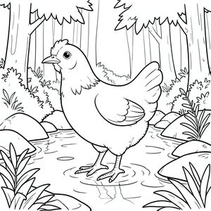 solo, một con chim, một đầu, hai mắt, một mỏ, hai cánh, hai chân, một đuôi, tỷ lệ tự nhiên, quy mô thích hợp trong môi trường, đúng giải phẫu, gà, suối, nước, đá, tán lá, rừng, ánh sáng mặt trời, rõ ràng, mịn, phản chiếu, ướt, trang màu, nghệ thuật đường, nền trắng, solo, chủ đề đơn, chính xác về mặt giải phẫu, giải phẫu hoàn hảo