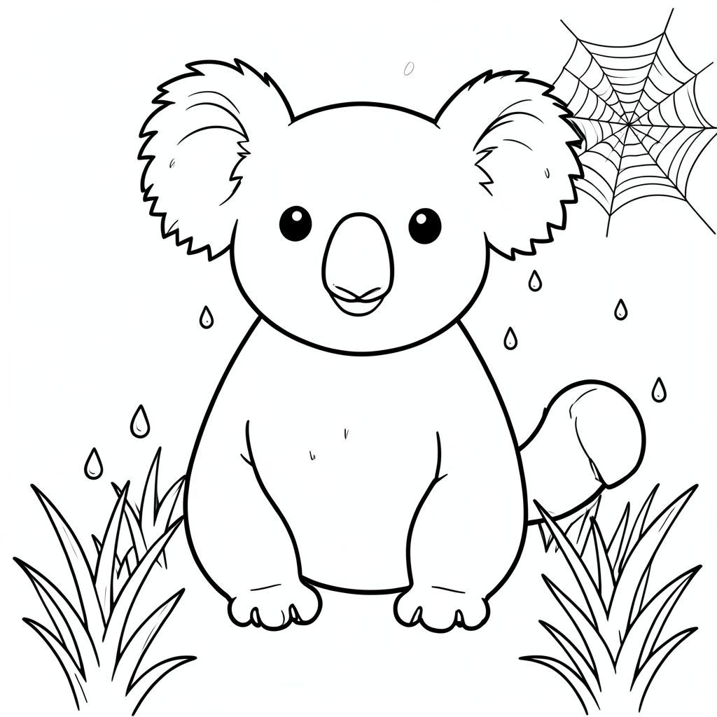 solo, chủ đề đơn, một đầu, hai mắt, hai tai, bốn chân, một đuôi, tỷ lệ tự nhiên, quy mô thích hợp trong môi trường, đúng giải phẫu, Koala, giọt sương, mạng nhện, cỏ, buổi sáng, tươi, sạch sẽ, đơn giản, lý lịch, độc thân, nhỏ, trang màu, nghệ thuật đường, nền trắng, solo, chủ đề đơn, đúng về mặt giải phẫu, giải phẫu hoàn hảo