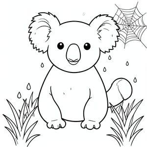 solo, chủ đề đơn, một đầu, hai mắt, hai tai, bốn chân, một đuôi, tỷ lệ tự nhiên, quy mô thích hợp trong môi trường, đúng giải phẫu, Koala, giọt sương, mạng nhện, cỏ, buổi sáng, tươi, sạch sẽ, đơn giản, lý lịch, độc thân, nhỏ, trang màu, nghệ thuật đường, nền trắng, solo, chủ đề đơn, đúng về mặt giải phẫu, giải phẫu hoàn hảo