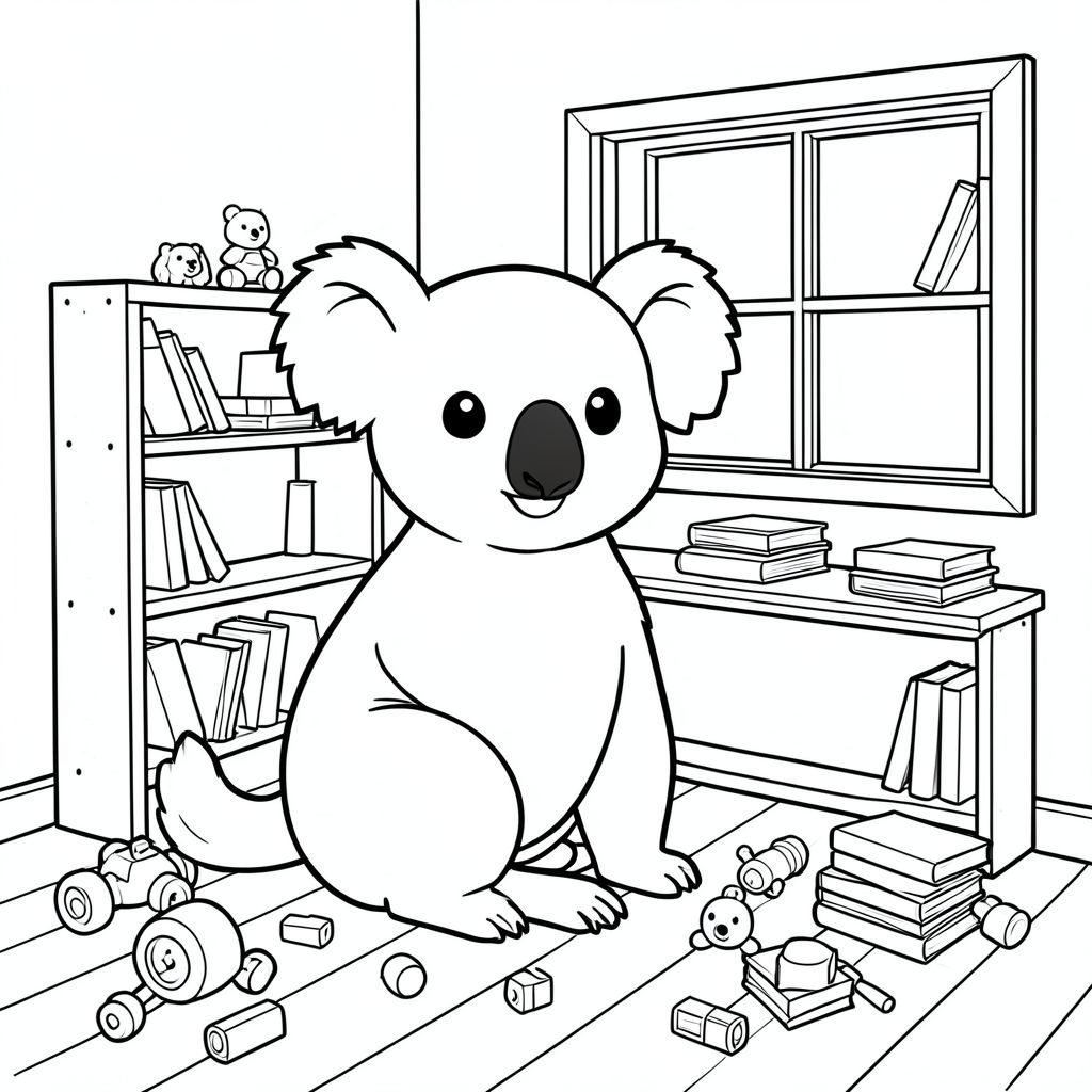 solo, chủ đề đơn, một đầu, hai mắt, hai tai, bốn chân, một đuôi, tỷ lệ tự nhiên, quy mô thích hợp trong môi trường, đúng giải phẫu, Koala, Kệ đồ chơi, Chỗ ngồi cửa sổ, sàn gỗ, phòng đơn giản, không gian nhỏ, ấm cúng, thoải mái, sách, đồ chơi rải rác, xem rõ ràng, trang màu, nghệ thuật đường, nền trắng, solo, chủ đề đơn, đúng giải phẫu, giải phẫu hoàn hảo