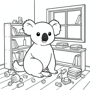 solo, chủ đề đơn, một đầu, hai mắt, hai tai, bốn chân, một đuôi, tỷ lệ tự nhiên, quy mô thích hợp trong môi trường, đúng giải phẫu, Koala, Kệ đồ chơi, Chỗ ngồi cửa sổ, sàn gỗ, phòng đơn giản, không gian nhỏ, ấm cúng, thoải mái, sách, đồ chơi rải rác, xem rõ ràng, trang màu, nghệ thuật đường, nền trắng, solo, chủ đề đơn, đúng giải phẫu, giải phẫu hoàn hảo