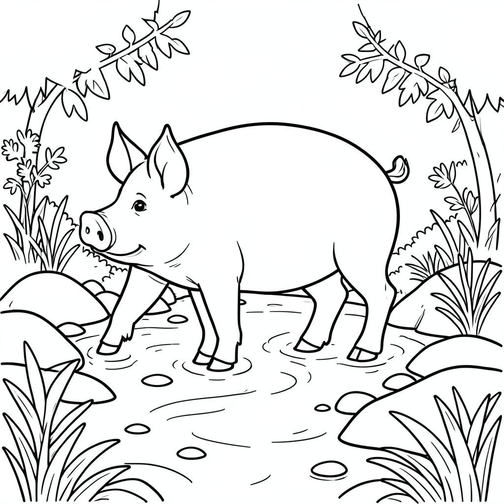 solo, chủ đề đơn, một đầu, hai mắt, hai tai, bốn chân, một đuôi, tỷ lệ tự nhiên, quy mô thích hợp trong môi trường, đúng giải phẫu, con lợn, nước, suối, đá cuội, đá, thực vật, tán lá, rõ ràng, ánh sáng mặt trời, nông, điềm tĩnh, trang màu, nghệ thuật đường nét, nền trắng, solo, chủ đề đơn, đúng giải phẫu, giải phẫu hoàn hảo