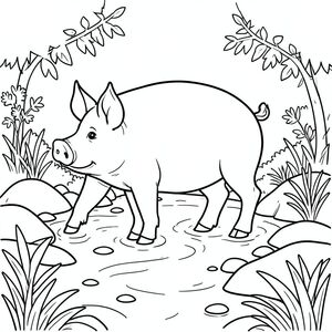 solo, chủ đề đơn, một đầu, hai mắt, hai tai, bốn chân, một đuôi, tỷ lệ tự nhiên, quy mô thích hợp trong môi trường, đúng giải phẫu, con lợn, nước, suối, đá cuội, đá, thực vật, tán lá, rõ ràng, ánh sáng mặt trời, nông, điềm tĩnh, trang màu, nghệ thuật đường nét, nền trắng, solo, chủ đề đơn, đúng giải phẫu, giải phẫu hoàn hảo